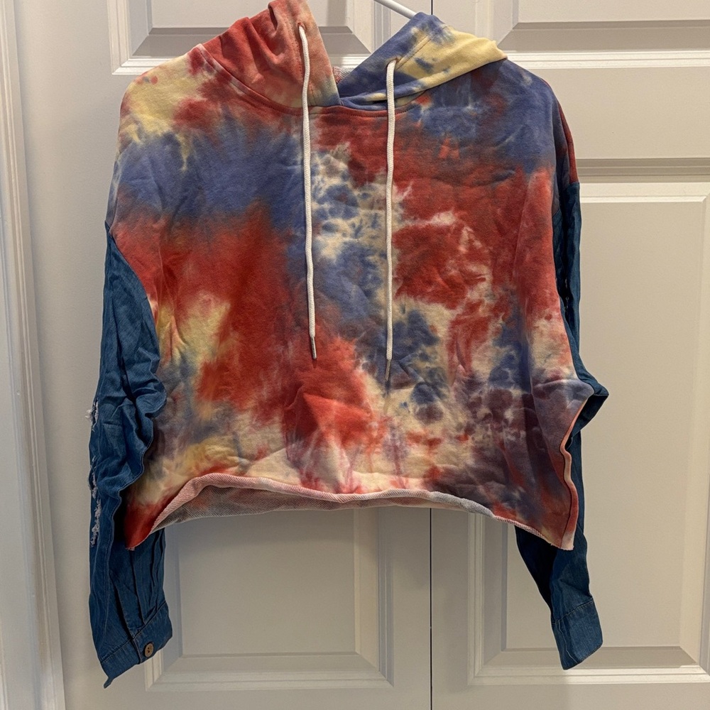 Tie-Dye Cropped Hoodie with Denim colored Sleeves
